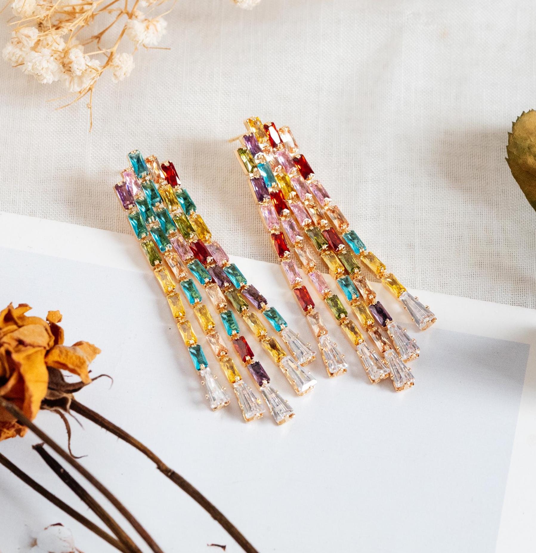 4pcs CZ Pave Chain Tassel Earrings, Long Tassel Stud Earring, Gold Dangling Earrings, Random Rainbow Mix Color (GB-4604)